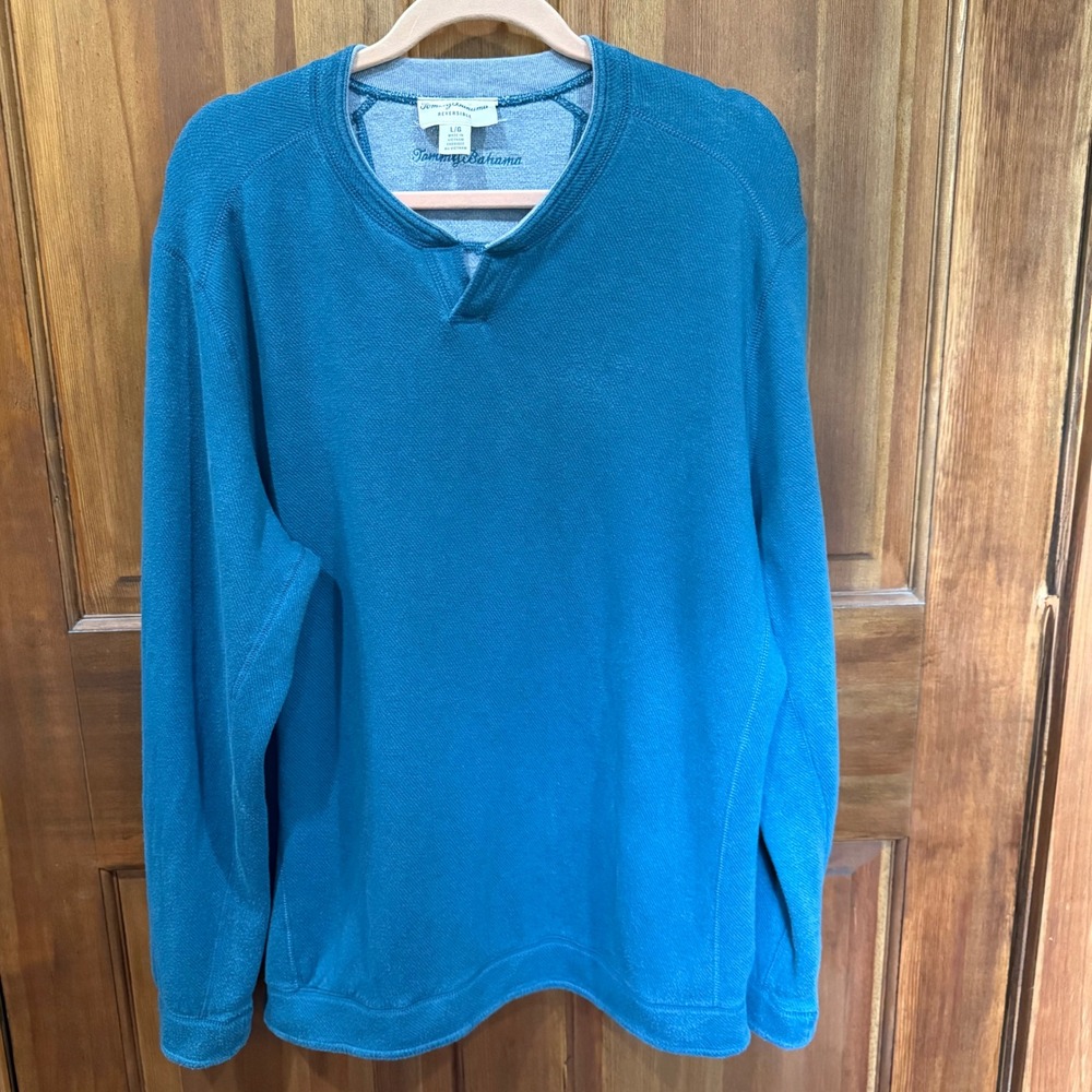 Tommy Bahama Reversible Sweatshirt Mens Large Teal Blue Heather Grey Split Neck